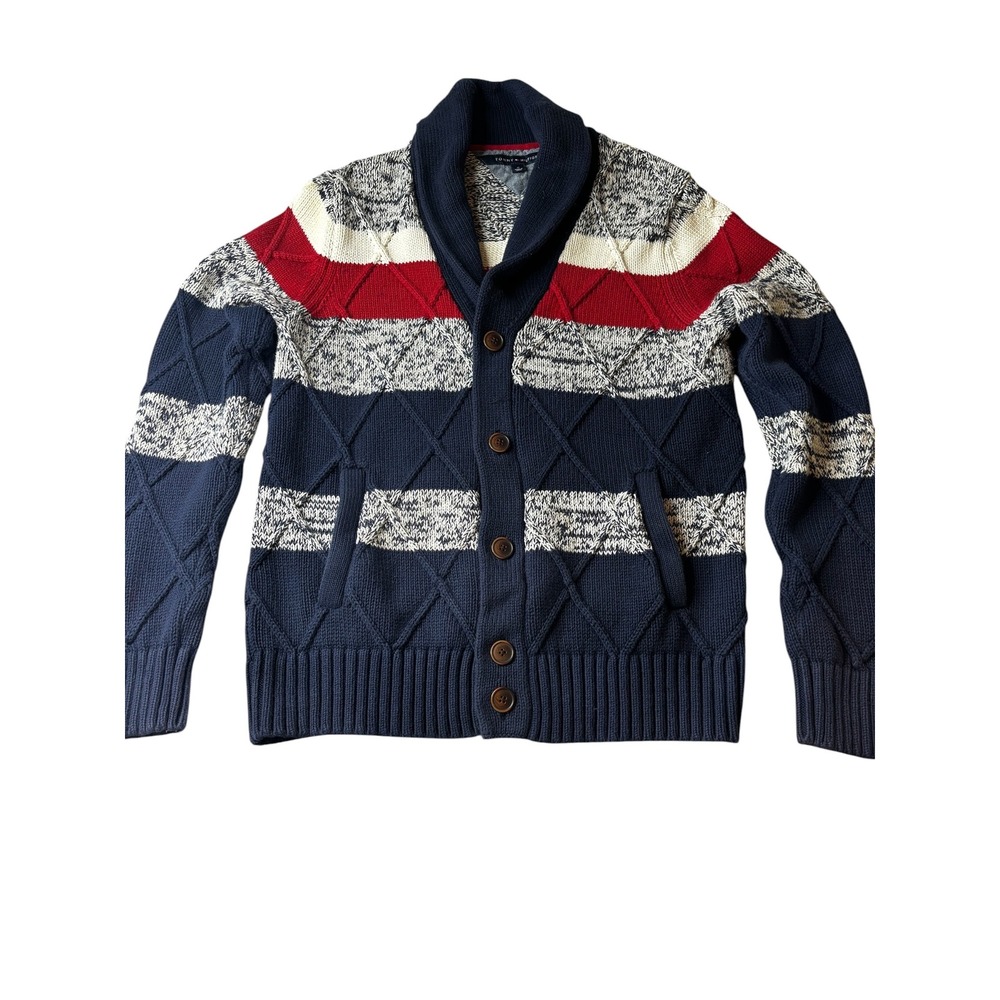 Tommy Hilfiger Mens Shawl Collar Cardigan Sweater Navy Blue Red Striped Large